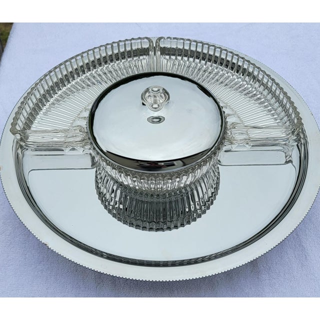 Mid 20th Century Mid Century Kromex Pressed Glass on Pedastal Relish Entertainment Set For Sale - Image 5 of 12