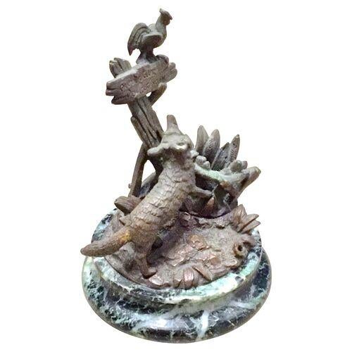 Rustic European Antique Bronze Fox & Rooster Sculpture For Sale - Image 3 of 9