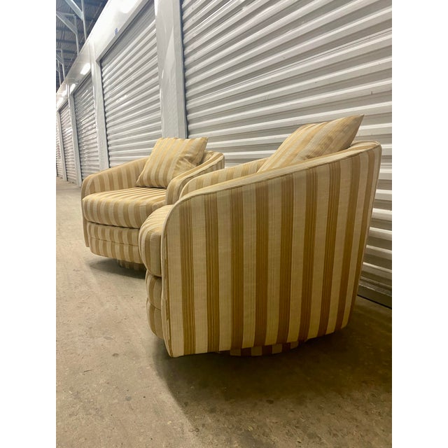 Mid-Century Modern Vintage Mid-Century Modern Swivel 80s Barrel Lounge Chairs Attributed Milo Baughman Set of Two . For Sale - Image 3 of 12