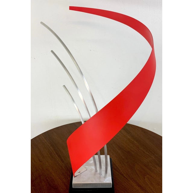 French modern enameled metal abstract sculpture, 2nd available Dramatic and kinetic in feeling each one has red enameled...