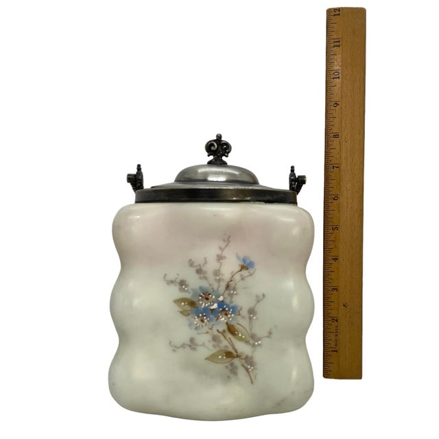 Late 19th Century C.F. Monroe Glass Wavecrest Floral Decorated Opal Ware Biscuit Cracker Barrel With Silver Plated Handle and Lid For Sale - Image 10 of 13