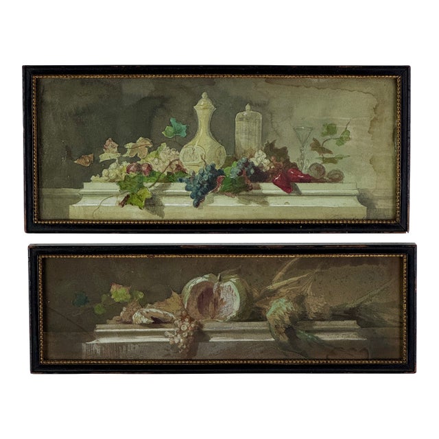 Delightful Small Pair of Signed 19th C Still-Life Watercolors in Original Framed For Sale