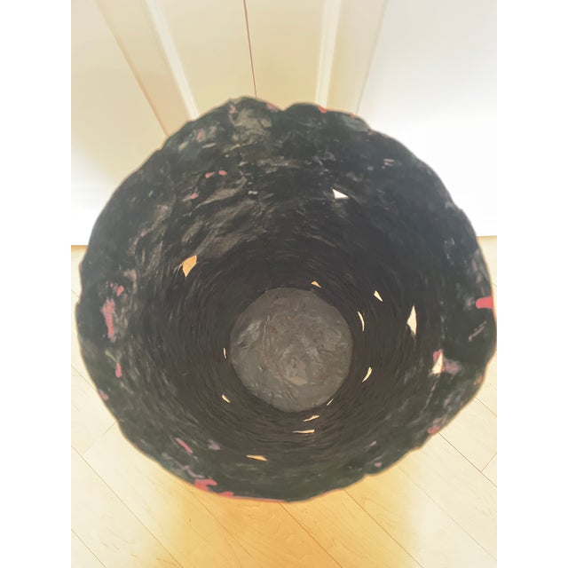 1980s Vintage Black Metal Umbrella Stand Hand Painted Flowers Tulip and Leaves For Sale - Image 5 of 10