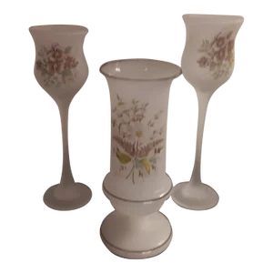 1940s 3 Pieces Set of Victorian Bristol Glass Bud Vase & Candle Holders