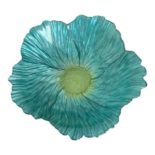 Vintage Akcam Turkish Turquoise Teal Blue Glass Flower Luster Iridescent Dish Bowl For Sale