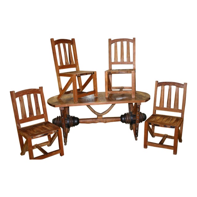 Early 1900s Antique "Ranch Table" Mesquite With Four Chairs - Set of 5 For Sale