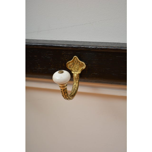 Brass and Ceramic Coat Hooks on Oak Backing Coat Rack, 1880 For Sale - Image 12 of 16