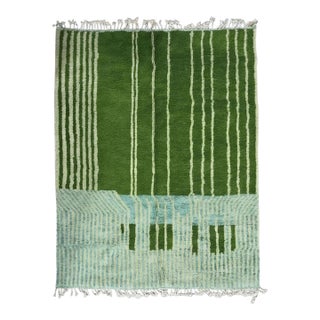 Green Moroccan Rug Handmade Striped Rug - 10 X 8.4 Ft For Sale