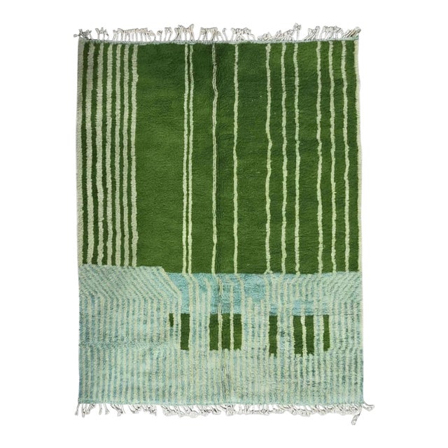 Green Moroccan Rug Handmade Striped Rug - 10 X 8.4 Ft For Sale