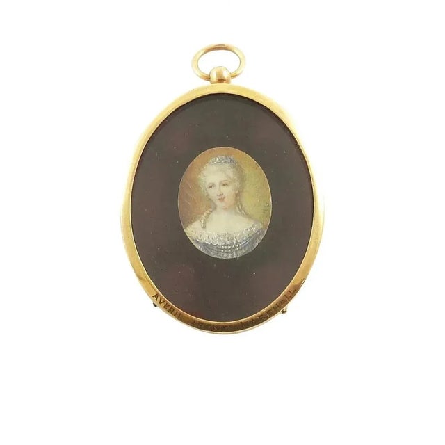 Metal Antique French Miniature Portrait of a Lady, 19th Century, Oval Gilt Frame For Sale - Image 7 of 7