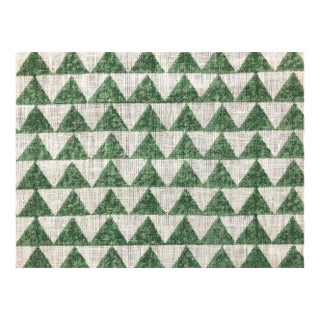 Designer Pyramids Block Printed Linen Green Off White Geometric Fabric For Sale