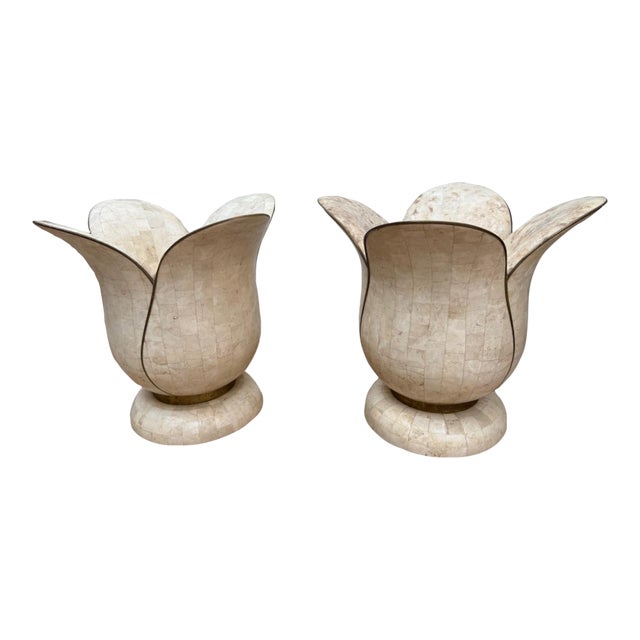 1980s Pair of Maitland-Smith Attributed Fossil Stone Tulip-Form Sculptural Vessels With Brass Trim For Sale