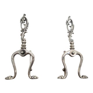 Pair of Brass Fireplace Andiron Set in Silver Antique Finish For Sale