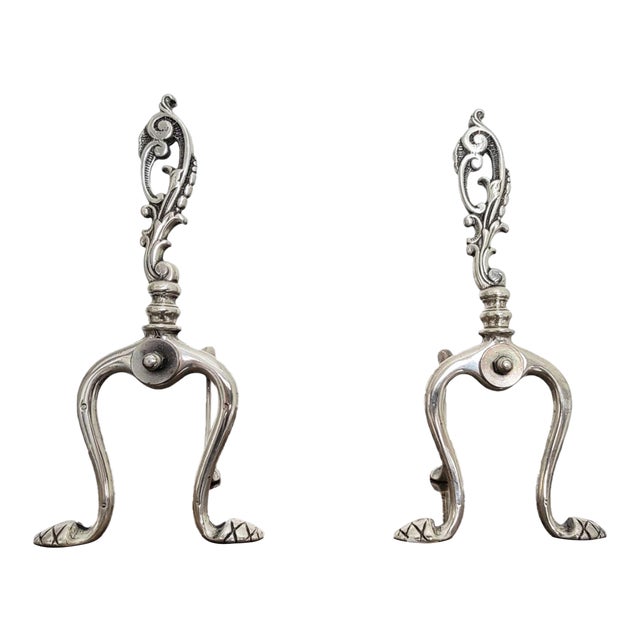 Pair of Brass Fireplace Andiron Set in Silver Antique Finish For Sale