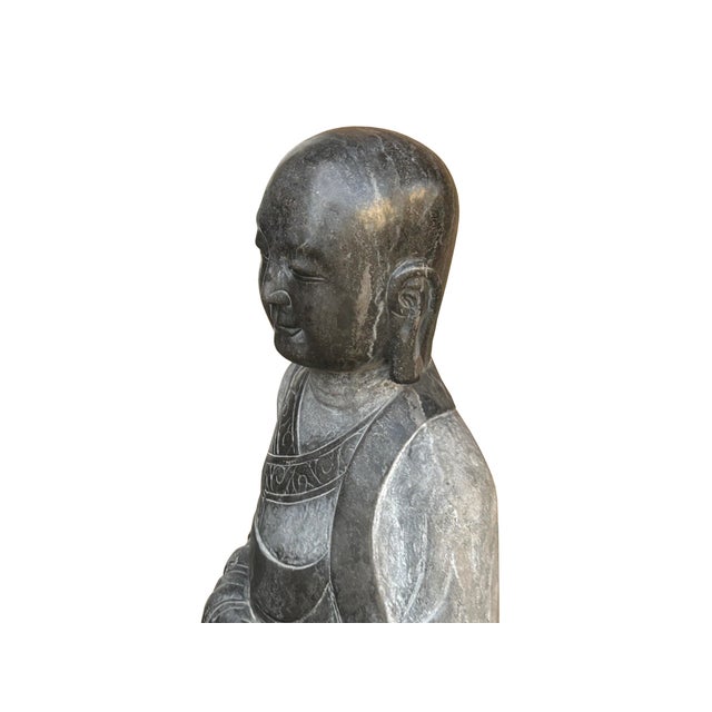 Chinese Weathered Black Gray Patina Stone Standing Monk Luohan Arhat Statue For Sale - Image 10 of 13