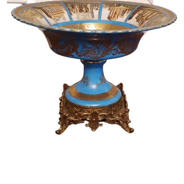 Pair Of Sevres Patinated Metal Mounted Blue Celeste Type Roman Painted Ceramic Compotes. Very good antique condition....