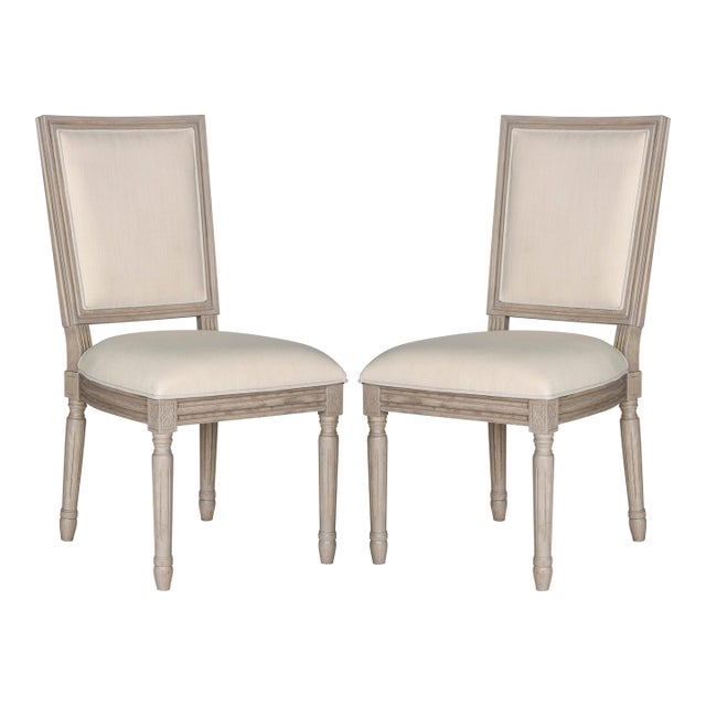 French Brasserie 19" H Linen Side Chair in Light Beige & Rustic Grey - a Pair For Sale