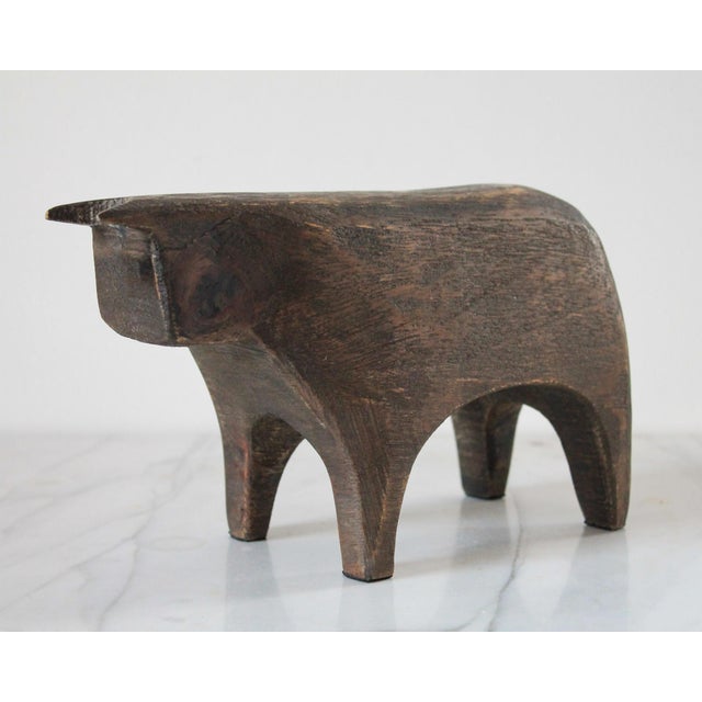 Mid-Century Modern Hand Carved Crate and Barrel Brown Wood Bull Figurine Sculpture For Sale - Image 3 of 13