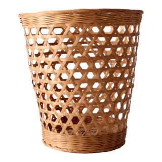 Vintage Open Weave Wicker Waste Basket For Sale