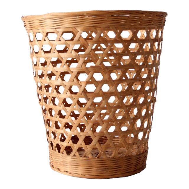 Vintage Open Weave Wicker Waste Basket For Sale