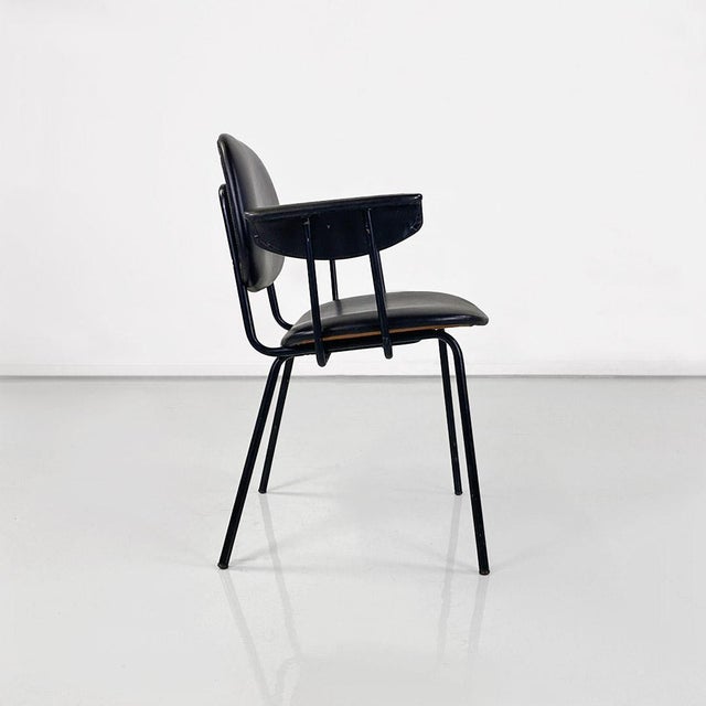 1960s Modern Italian Chair in Metal and Black Leather with Arms, 1960s For Sale - Image 5 of 18