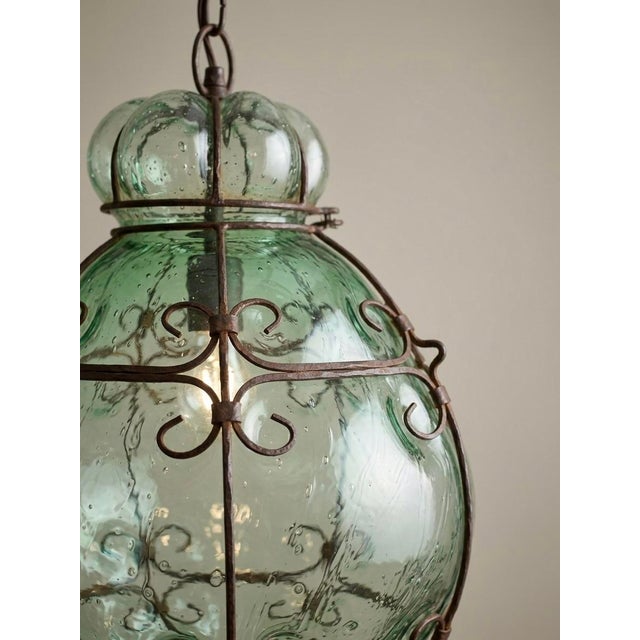 Farmhouse Large Vintage Italian Hand-Forged Iron and Green Venetian Glass Lantern Chandelier For Sale - Image 3 of 6