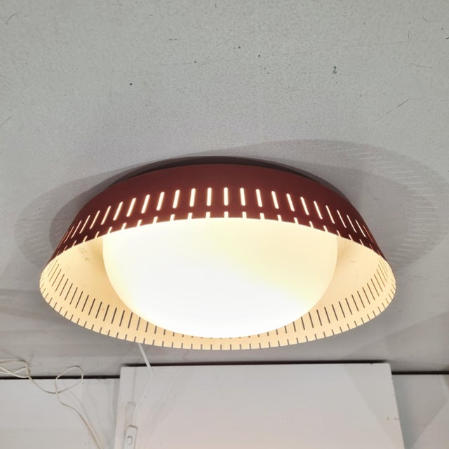 Bent Karlby Red Aluminum and Opaline Glass Ceiling Lamp by Bent Karlby for Indoor, 1960s For Sale - Image 4 of 7