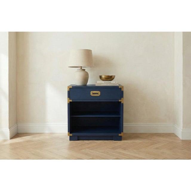 A beautifully restored 1966 Drexel campaign-style bedroom set featuring solid wood construction, iconic brass campaign...