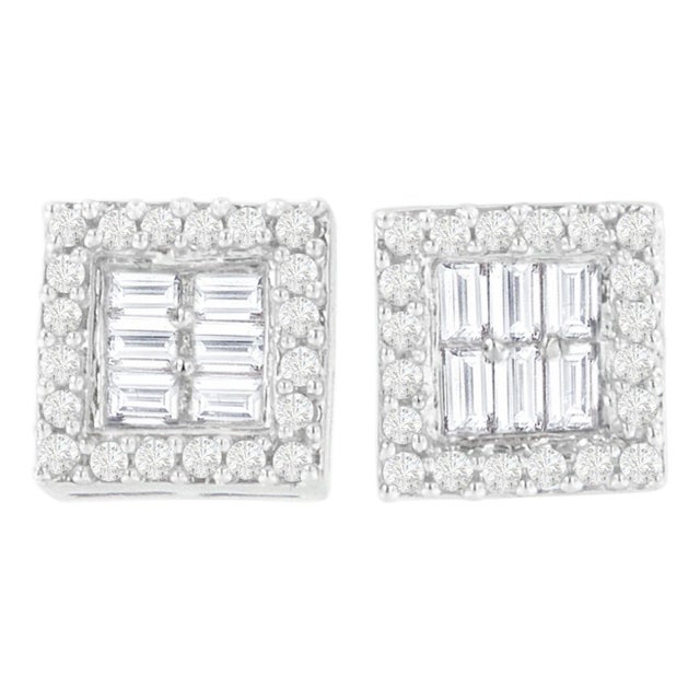 14K White Gold 1 cttw Round and Baguette Diamond Stud Earrings, A Pair For Sale