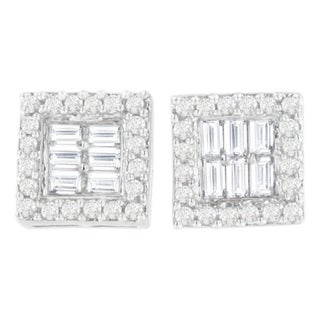 14K White Gold 1 cttw Round and Baguette Diamond Stud Earrings (H-I, SI1-SI2) For Sale