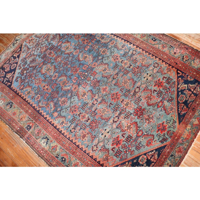 Antique Distressed Aqua Blue Malayer - 4'9" x 5'11" For Sale - Image 4 of 7