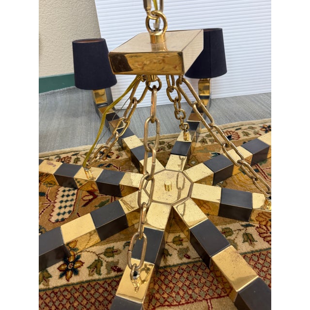 Hollywood Regency Custom Black + Gold Eight Light Chandelier For Sale - Image 3 of 12