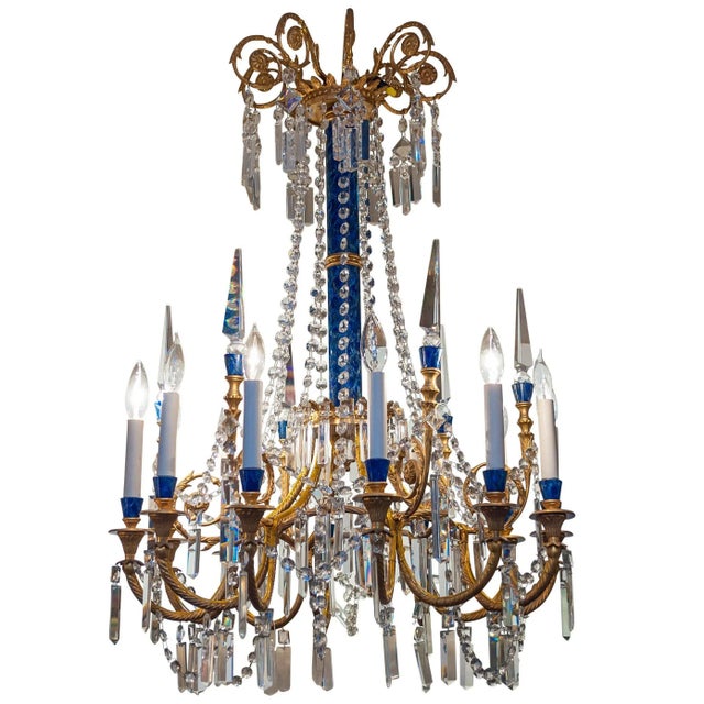 Early 20th Century Louis XVI Style Gilt Bronze and Faux Lapis Twelve-Light Chandelier For Sale - Image 5 of 5