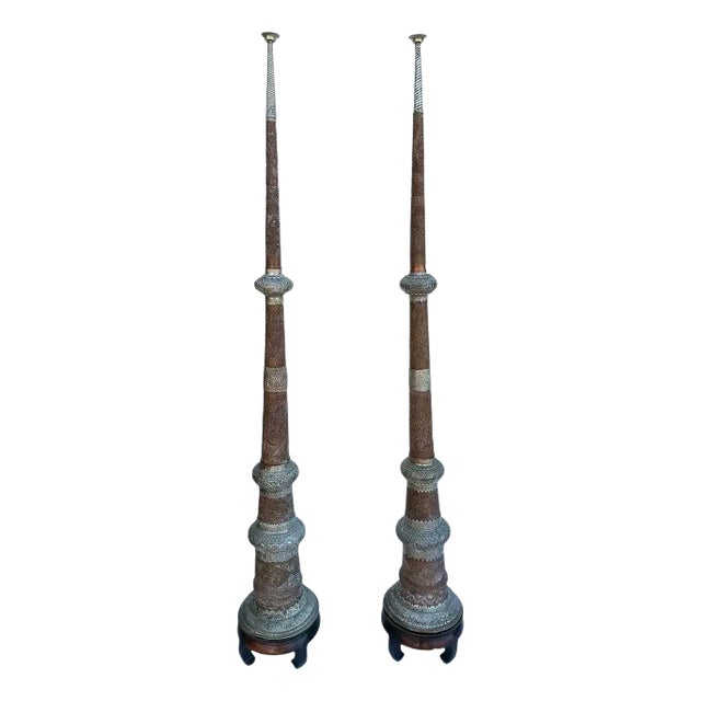 Pair Large Tibetan Buddhist Copper and Brass Dung Chen (Long Horn) Trumpets For Sale