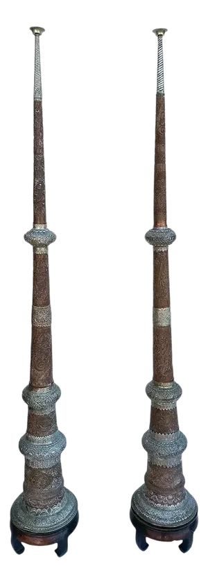 Pair Large Tibetan Buddhist Copper and Brass Dung Chen (Long Horn) Trumpets