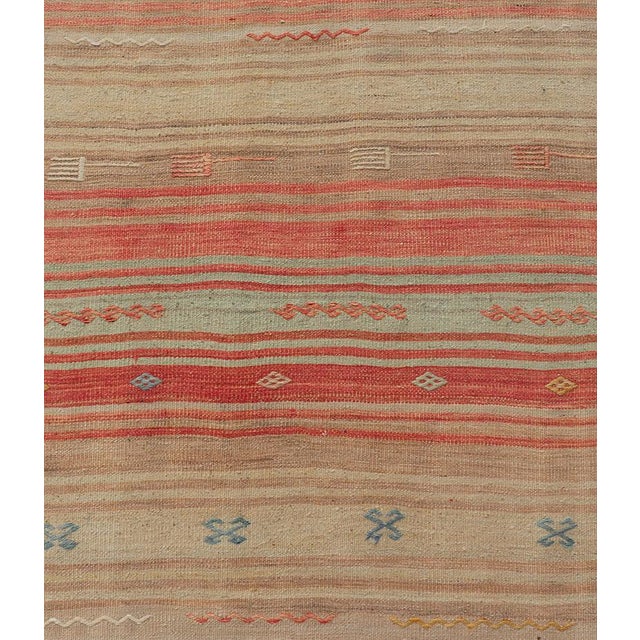 Vintage Turkish Kilim Runner in Coral, Blue and Beige Striped Design 2'10" X 11'6" For Sale In Atlanta - Image 6 of 10