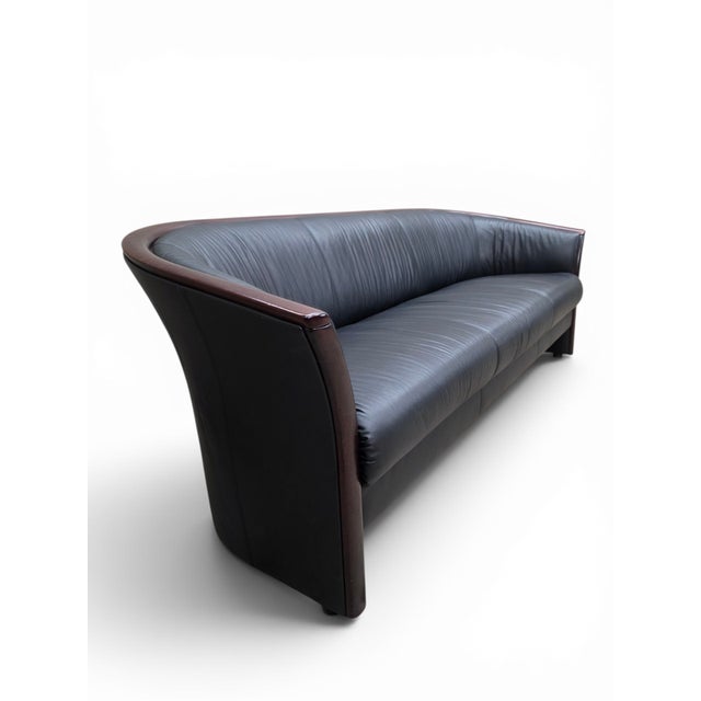 Vintage Ekornes Scandinavian Modern Black Leather Sofa With Rosewood Accents For Sale In Chicago - Image 6 of 9