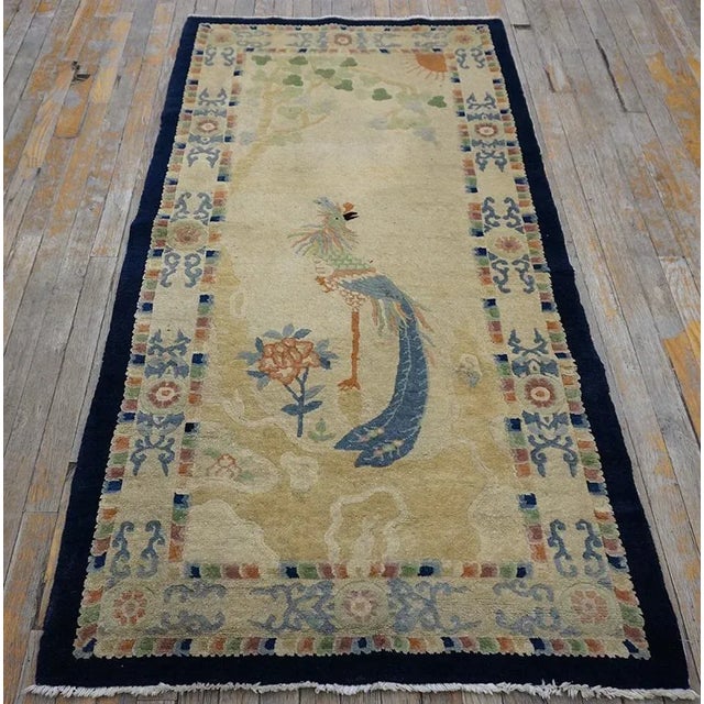 1930s Beige Peacock Scene Pictorial Antique Chinese Peking Carpet 3' X 5'9" Knotted Wool Rug For Sale - Image 4 of 13