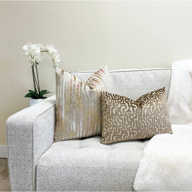 Contemporary Beige Pink and Gold Velvet Throw Pillow With Feather Down Insert For Sale - Image 3 of 7
