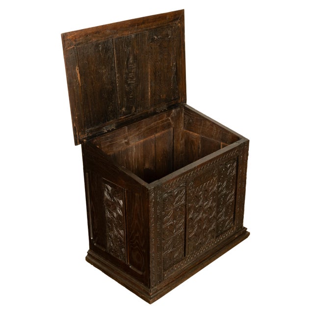 Coffee Antique French Medieval Gothic Carved Oak Chest Coffer 17th Century Panels 1679 For Sale - Image 8 of 16