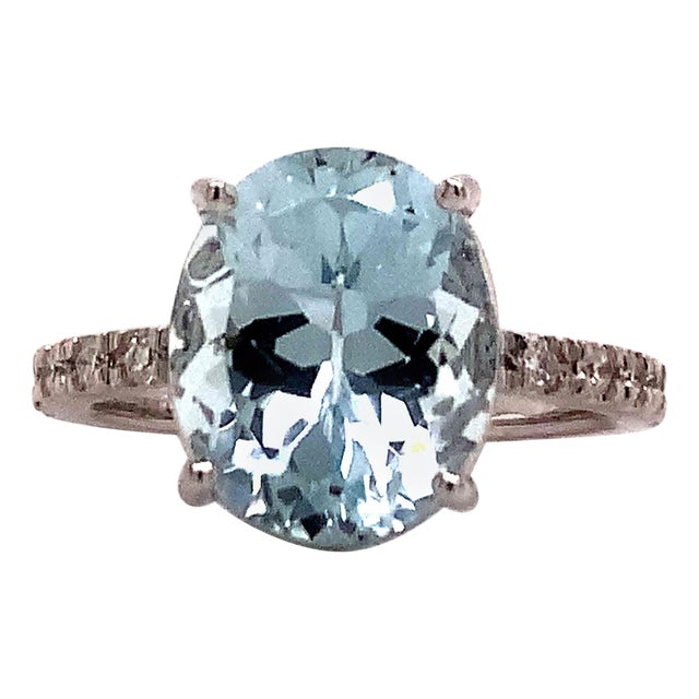 Natural Aquamarine Diamond Ring 14k White Gold 5.09 TCW Certified For Sale