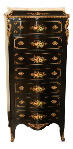 Black Regency Chest of Seven Drawers With Handpainted Floral Accents, Marble Top, and Brass Mounting