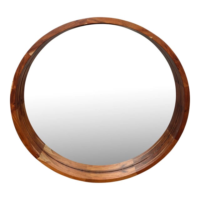 Cb2 Acacia Wood Round Wall Mirror For Sale