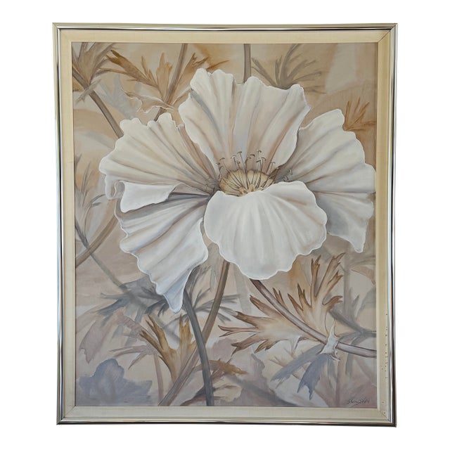 1980’s Sherry J Felix Large Acrylic on Canvas of a White Flower For Sale
