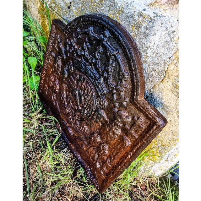 Cast iron fireplace plaque "Arms of Lorraine" Coat of arms of Leopold I, Duke of Lorraine, in a semicircle, surrounded by...