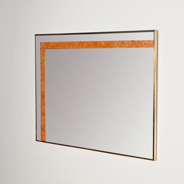 Wood Large Smoked Glass, Poplar Burl and Brass Mirror by Romeo Rega for Nazaret, Italy, 1970s For Sale - Image 7 of 15