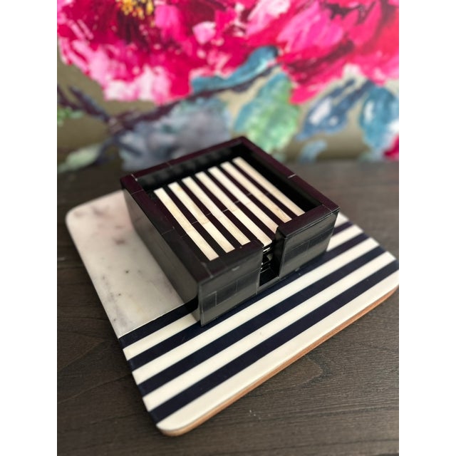 Set of 4 Beverage Coasters Black and White Stripe Bone Inlay in Black Brick Style Holder Complimented by the White Marble...