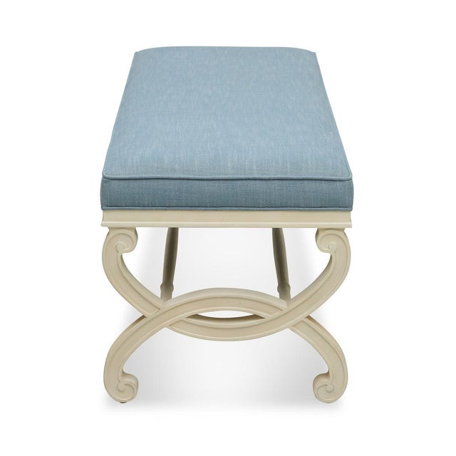 Transitional Bunny Williams Home Charlottesville Bench Alpine White with Aegean Upholstery For Sale - Image 3 of 6