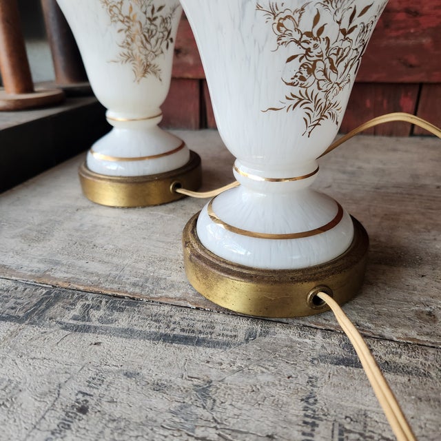 Vintage French Pair of Handcrafted White & Gold Floral Design Table Lamps 13" Tall For Sale - Image 12 of 18