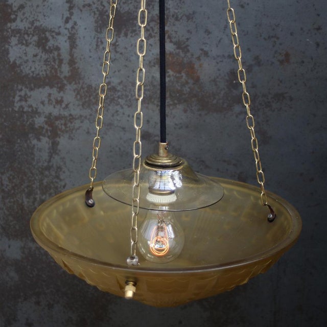 French Art Deco Brass and Etched Ochre Glass Pendant Light, 1920s For Sale - Image 6 of 10